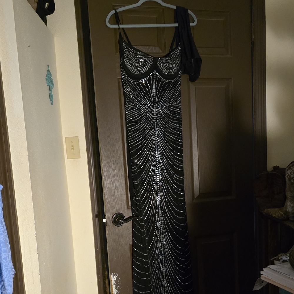 Black and Silver Beaded Mesh Gown With High Waisted Cheeky Breifs.